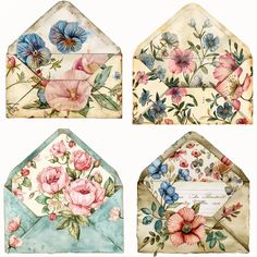 four envelopes with flowers painted on them are shown in three different styles and colors