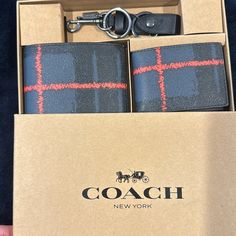 Coach Navy Plaid Wallets And Leather Ball Leather Keychain. All Included In Gift Box Nwt Coach Wallets With Rfid Blocking As Gift, Coach Bifold Wallet As Gift, Designer Coach Wallets, Gift Box For Men, Leather Money Clips, Money Clips, Coach New York, Billfold Wallet, Clip Cards