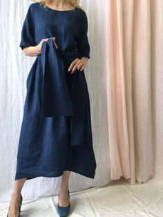 "Linen dress for women with belt, it's elegant, minimalist, and is sure to compliment every occasion, from formal gatherings to outings with friends. Made from 100% European flax, length in front is ± 120 cm(47\"), on back 138 cm(54\") Before placing an order, check the approximate measurements given below. If you are unsure about your size or would like to adjust the length of the item, you could leave your personal measurements (height, bust, waist and hips) in a personalization box. SIZE and Dark Blue Linen Dress, Oversized Blue Linen Dress, Blue A-line Linen Midi Dress, Flax Pants, Blue Knee-length Linen Dress With Relaxed Fit, Blue Linen Dress With Long Sleeves, Relaxed Fit, Linen Nightgown, Linen Sundress, Linen Tunic Dress