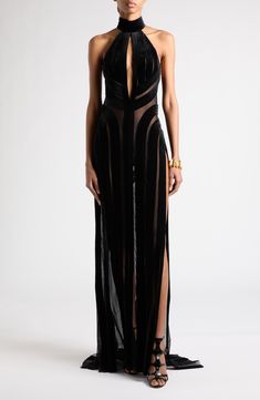 TOM FORD Halter Neck Stretch Tulle & Velvet Gown | Nordstrom Edgy Evening Gown, New Year’s Eve Dress, Tom Ford Gown, Velvet Couture, Black Velvet Gown, Sequin Halter, Velvet Gown, Halter Gown, Fall 24