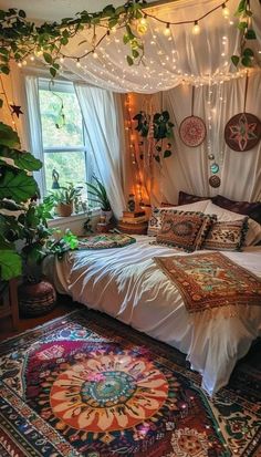 a bed room with a neatly made bed and lots of plants