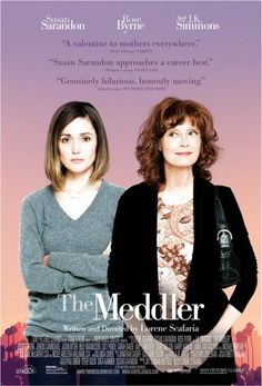 two women standing next to each other in front of a purple background with the words, the meddler