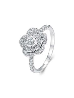 Color : SilverBirthstones : AprilMain Stone : Cubic ZirconiaMaterial : 925 Sterling SilverProduction Methods : Lab Created Size Net Weight Diameter 6 2.7 g 1.65 7 2.7 g 1.73 8 2.7 g 1.81 Rose Wedding Rings, Silver Rose Ring, Romantic Rings, Cubic Zirconia Engagement Rings, Flower Engagement Ring, Rose Ring, Luxury Flowers, Rose Engagement Ring, Pave Ring