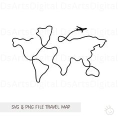 the world map with an airplane flying over it in black and white, on a white background