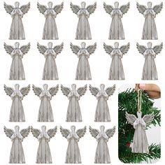 twelve angel ornaments hanging from a christmas tree with white decorations on top and below them