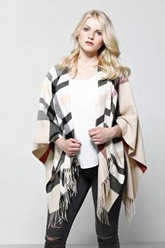 Approx. dimensions: 47-1/4”; 59” Acrylic Machine washable Imported Oversized Gray Cape For Fall, Oversized Gray Poncho For Fall, One Size Gray Outerwear For Fall, Gray One-size Outerwear For Fall, Gray One Size Fall Cape, Ruana Wrap, Plaid Capes, Cape Sweater, Trim Color