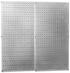 two metal pegboard panels with holes on each side and one in the same direction