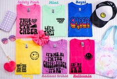 BUY 3 OR MORE AND GET ADDITIONAL 5% OFF on top of 25% discount will apply at checkout! Perfect for summer cheer camps or gifts for that cheerleader in your life :) 6 vibrant t-shirt colors to choose from, 6 sayings mix and match anyway you want or want something different let us know. *Available in youth and adult sizes, youth colors may be slightly different than pictured but close *Gildan softstyle is the brand for adults and most youth colors, others will be Bella Canvas ---------------HOW TO School Spirit Tops For Summer Cheerleading, Summer School Spirit Tops For Cheerleading, Summer Cheerleading Tops With School Spirit Style, Short Sleeve T-shirt For Summer Cheerleading, Summer Short Sleeve T-shirt For Cheerleading, Spring Graphic Print Tops For Cheerleading, Spring Cheerleading Crew Neck T-shirt, Cute Short Sleeve Cheerleading T-shirt, Summer Crew Neck T-shirt For Cheerleading