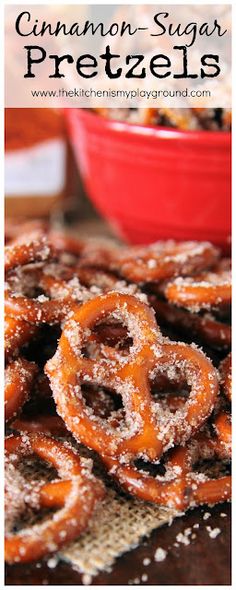 cinnamon sugar pretzels with powdered sugar on top and in the foreground