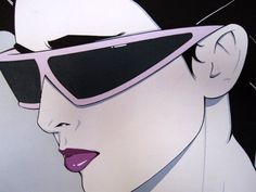 a painting of a woman with sunglasses on her head and purple lipstick in the foreground