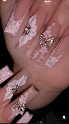 Sweet 16 Nails, Pink Flower Nails, Pink Quince, Rose Gold Nails, Classy Acrylic Nails