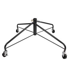 a black metal table with wheels and casteors on the back side, viewed from above