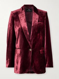 ETRO Velvet blazer | NET-A-PORTER Dusk Summer, Burgundy Pants, Logo Wear, Floral Dresses Short, Dress Flats, Sport Swimwear, Suits And Jackets, Sports Skirts, Velvet Blazer