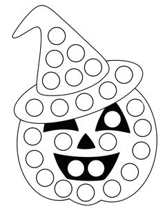 a black and white drawing of a pumpkin wearing a witches hat with polka dots on it