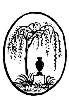 a black and white drawing of a vase under a tree with water in the foreground