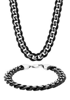 Perfect for gifting, this is a handsome set of stainless steel black ion-plated curb link chain bracelet and necklace. | Belk & Co Men's Curb Link Chain Bracelet and Necklace Set in Two-Tone Stainless Steel, Black Black Cuban Link Bracelet As Gift, Black Cuban Link Curb Chain Jewelry, Black Cuban Link Jewelry With Curb Chain, Black Cuban Link Chain Bracelet, Black Stainless Steel Cuban Link Bracelet, Mens Chain Bracelet, Necklace And Bracelet Set, Link Chain Bracelet, Necklace And Bracelet