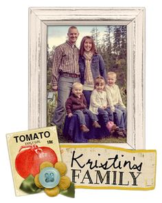 the family is posing for a picture with their name on it and two buttons in front of them