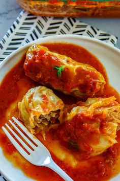 two stuffed cabbage rolls on a plate with sauce