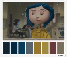 an animation character with blue hair and yellow shirt