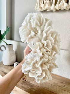 a person holding up some white flowers on a wooden table next to a potted plant