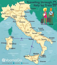 a map of italy with people walking around it and the words traveling through italy by train