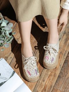 The perfect blend of style and comfort. These shoes are designed to elevate your casual looks with their unique and eye-catching design. Crafted with premium quality linen, our Embroidered Linen Sneakers are designed to be soft, breathable and comfortable. The intricate floral embroidery on the upper adds a touch of elegance and sophistication to the classic design, making them a stylish addition to any wardrobe. 0.98" heel Lace-up closure Canvas linen upper Textile lining Natural straw mat brea Casual Flat Lace-up Shoes With Perforated Toe Box, Casual Flat Lace-up Shoes With Textured Sole, Casual Flat Lace-up Shoes With Rubber Sole, Trendy Spring Lace-up Shoes With Round Toe, White Lace-up Walking Shoes For Summer, Trendy Lace-up Shoes With Round Toe For Spring, Beige Sneakers With Laces, Flat Beige Sneakers With Laces, Beige Flat Sneakers With Laces