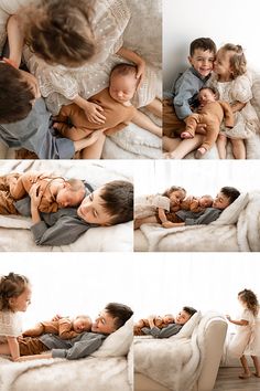 a collage of photos showing two children playing with each other on a white couch