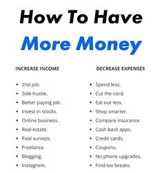 an info sheet with the words how to have more money in blue and white text