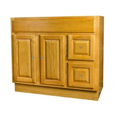 a wooden cabinet with two doors and drawers on the bottom shelf, in front of a white background