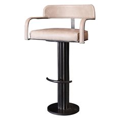 an image of a modern bar stool with beige upholstered fabric and black metal base