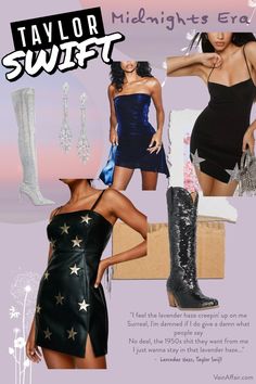 an advertisement for taylor swift's boots and dresses, with images of women in the background