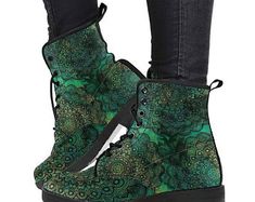 Offering the most colorful hand-made gifts and by threaddomain Vegan Boots Women, Green Mandala, Hippie Boots, Handcrafted Boots, Boho Boots, Vegan Boots, Leather Boots Women, Buzz Cut