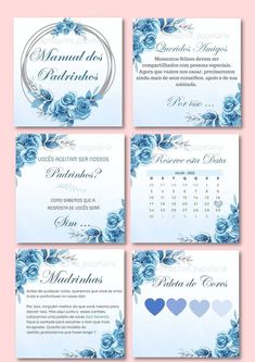 a set of wedding cards with blue roses and hearts