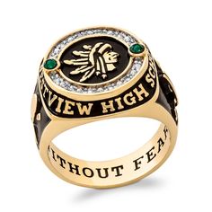 Show off your school spirit with the personalized and engravable details of this men's simulated gemstone and diamond frame signet class ring. Created in the metal of your choosing The round flat top showcases a sculpted icon of your choice flanked by a pair of dainty simulated birthstones you select. 1/8 ct. t.w. of diamonds and beaded details shimmer along the frame. Customize the outer frame with your school name - up to eight characters each along the top and bottom, and up to 11 characters More Icons, Diamond Frame, Flats Top, School Spirit, Personalized Jewelry, Class Ring, Or Rose, Diamonds, Gemstones