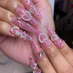 Pink Maximalist Nails, Pink Rave Nails, Stiletto Junk Nails, Cute Extra Nails, Bratz Nails Design, Harajuku Nails, Classic Nails, Hello Kitty Nails, Pretty Gel Nails