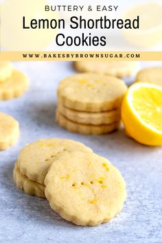 lemon shortbread cookies are stacked on top of each other with the words, delicious lemon shortbread cookies