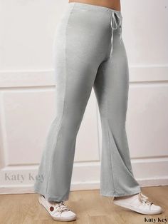 Katykey - Womens Plus Size Casual Flare Leg Pants with Drawstring Waist - Comfortable and Chic Gray Stretch Bottoms With Drawstring, Gray Full Length Drawstring Bottoms, Gray High-waist Bottoms With Drawstring, Gray High Waist Bottoms With Drawstring, Gray High-waist Drawstring Pants, Non-stretch Bottoms With Drawstring, Flare Leg Pants, Plus Size Casual, Style Elegant