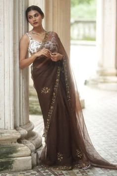 Shop for Peeli Dori Brown Silk Organza Thread Embroidered Saree Set for Women Online at Aza Fashions Brown Saree, Coffee Brown Color, Saree And Blouse, Embroidered Saree, Embroidered Border, Beaded Neckline, Elegant Saree, Brown Silk, Organza Saree