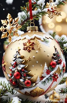 an ornament hanging from a christmas tree with snow and lights in the background