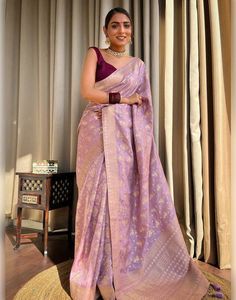 Type: Saree Saree Color: Lavender Blouse Color: Lavender Saree Length: 6.3 Mtrs (With Blouse) Blouse Length: 0.80 Mtrs Fabric: Soft Banarasi Silk Work: Zari Weaving Care instruction: Dry Clean Only Product Code 81186 Traditional Wardrobe, Kanjeevaram Sarees, Saree Bollywood, Lavender Silk, Lavender Blouse, Brocade Blouses, Patiala Salwar, Ethnic Sarees, Kanjivaram Sarees