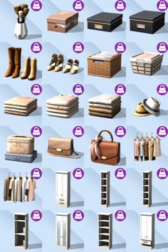 the different types of shoes and bags are shown in this graphic style, including one for women's footwear