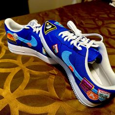 Patches, Air Force One Size 10 Blue Brand New Blue Nike Air Force 1 Casual Sports Shoes, Blue High-top Synthetic Running Shoes, Nike Custom Non-slip Synthetic Sneakers, Nike Synthetic Custom Non-slip Sneakers, Casual Blue Nike Air Force 1, Blue Nike Leather Running Shoes, Blue Synthetic Sneakers For Sports, Blue Casual Custom Sneakers For Sports, Blue Casual Custom Sneakers With Cushioned Footbed