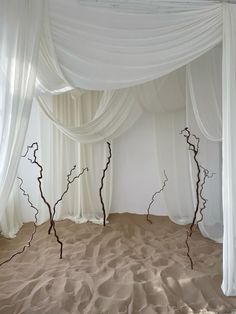 an empty room with white drapes and branches in the sand