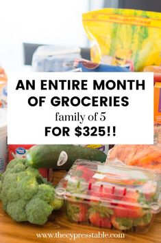 an entire month of groceries for $ 25 is on display with the words, an entire month of groceries family of 5 for $ 25