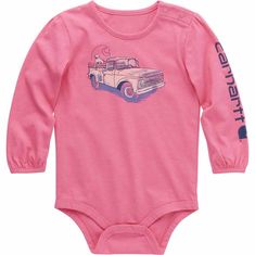 This baby girls' bodysuit matches up with her lifestyle just right. A puppy and an old pickup is all she really needs to be happy. Quick changes are fast and easy, thanks to snaps. Plus, she can literally wear her Carhartt pride on her sleeve. FeaturesMidweight, 60% cotton / 40% polyester jerseyCrewneckShoulder and crotch snaps for easy on and offTagless neck label for a smooth feelMachine washableCountry of Origin: Imported | Carhartt Baby's Girls' Long-Sleeve Old Truck Bodysuit (Infant) | Fresh Salmon Heather | 3M Aj Carhartt Baby Outfits, Baby Carhartt, Carhartt Baby Girl, Carhartt Bag, Baby Clothes Country, Fresh Salmon, Old Pickup, Old Truck, Neck Label