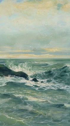 an oil painting of the ocean with waves