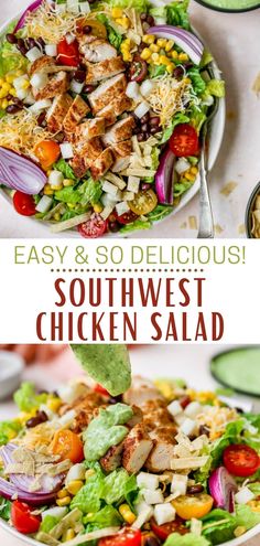 southwest chicken salad with lettuce, tomatoes and corn on the side in a white bowl