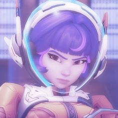 an anime character with purple hair wearing a helmet