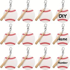 baseball and bat shaped key chains with name tags on each one for personalized sports teams