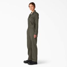 Dickies Women's Long Sleeve Cotton Coveralls are built with the attention to detail and fine craftsmanship that you have come to expect from this time-honored design. With a longstanding history as one of the most trusted workwear items in Dickies history, the Women's Long Sleeve Cotton Coveralls have been thoughtfully crafted with a female fit in mind. Featuring a comfortable 100% cotton fabrication, the added cinched back waist and rear box pleat allow for ease of movement for every adventure, Utility Style Bib Front Jumpsuits And Rompers For Work, Utility Bib Front Jumpsuits And Rompers For Workwear, Fitted Bib Front Overalls For Fall, Full Length Overalls With Pockets For Work, Fitted Long Sleeve Utility Overalls, Fitted Utility Overalls For Workwear, Tube Jumpsuit, Dickies Workwear, Dickies Women